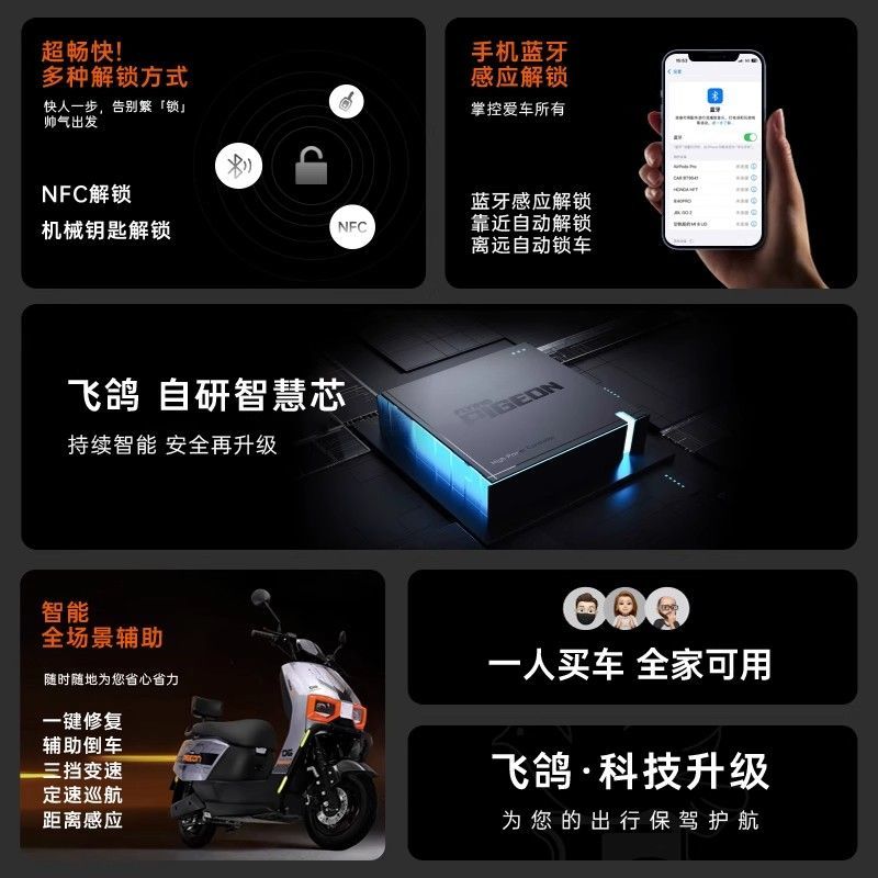 飞鸽电动摩托车双碟刹电摩高颜值72V超大功率踏板外卖锂电池电摩