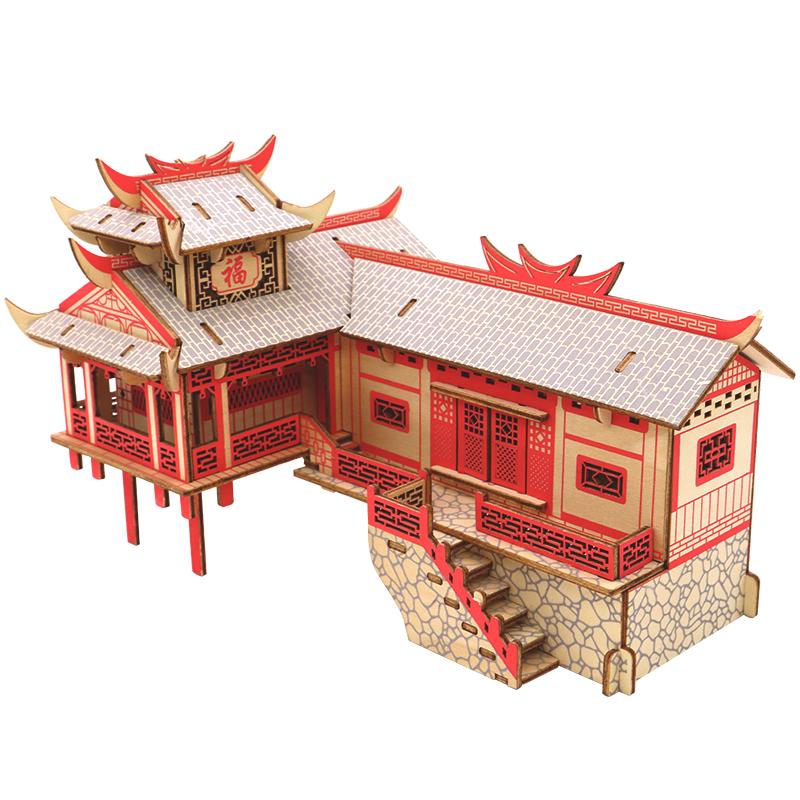 举名木质立体拼图3d建筑拼装模型吊脚楼儿童益智玩具成人大型手工diy 吊脚楼
