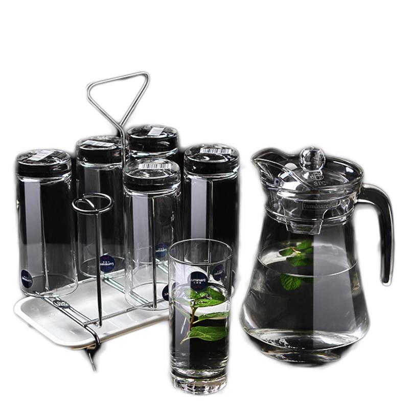 乐美雅玻璃杯子家用水杯套装客厅耐热茶杯凉水壶套装 6只/290ml+杯架+1.3L鸭嘴壶