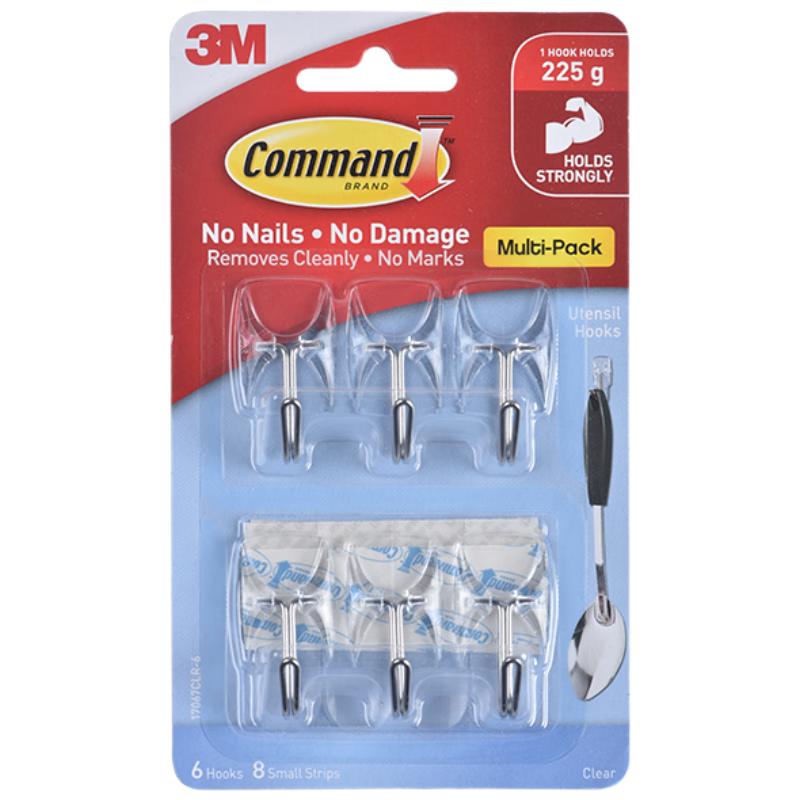 3M透明挂钩免打孔 无痕免钉强力粘贴挂钩金属活动挂钩 6只超值装 透明活动挂钩6只