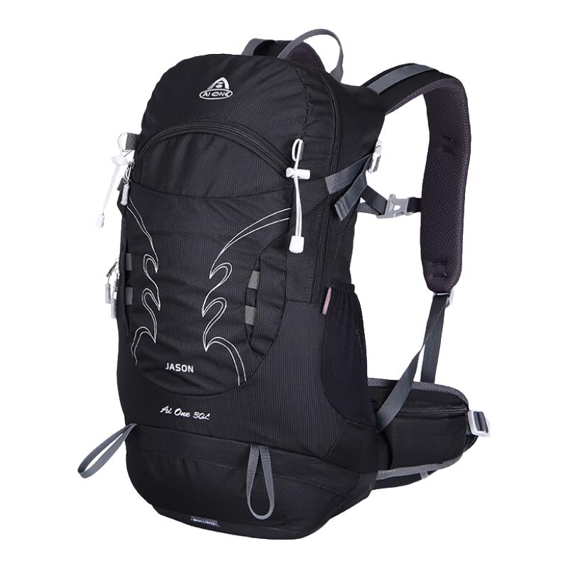 艾王2024年专业户外登山双肩包30升轻量化防水耐磨男女旅行包 黑色 1869 30升【悬浮背负+送隔雨罩】