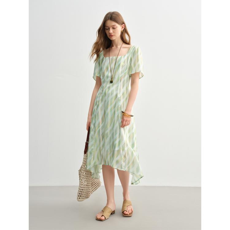 大码【苹果型】法式复古格纹收腰连衣裙夏季短袖不规则长裙