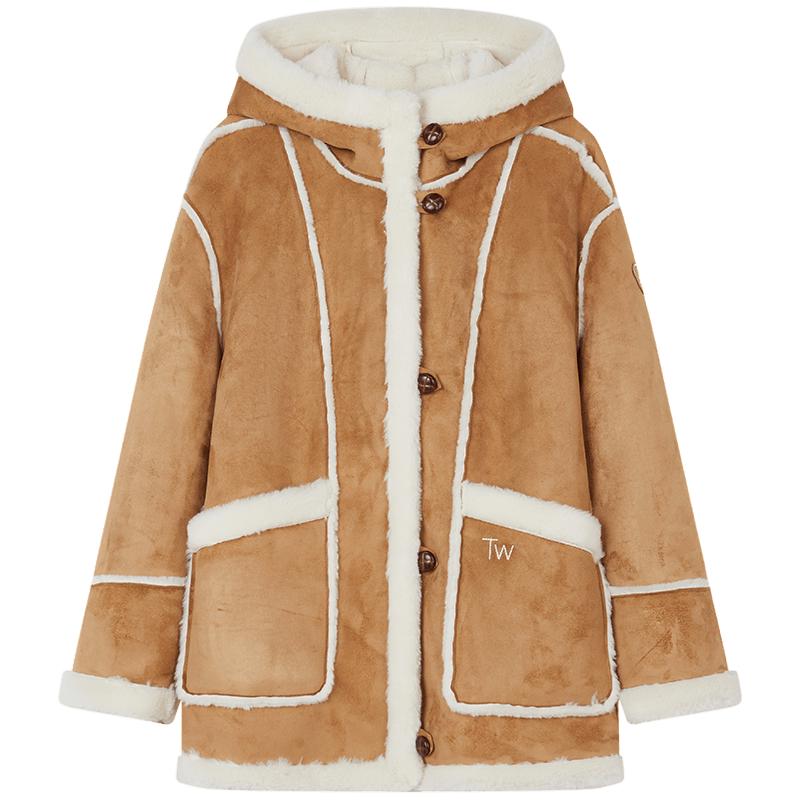 女式外套小熊女装时尚休闲冬季复古学院风宽松连帽毛绒外套