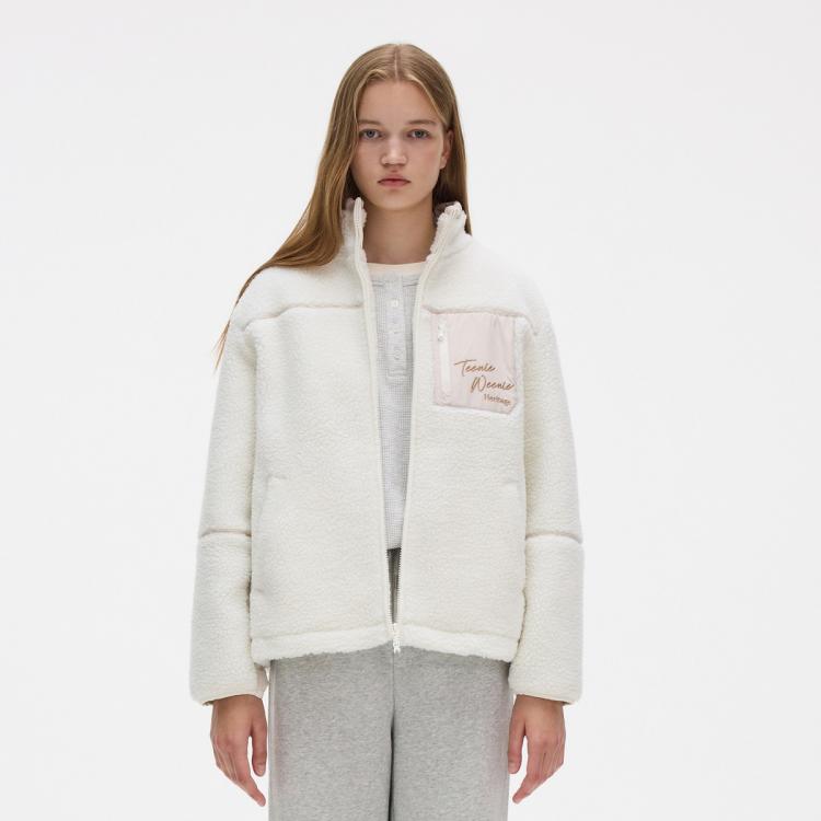 外套女春款学院风宽松刺绣仿羊羔绒立领外套女