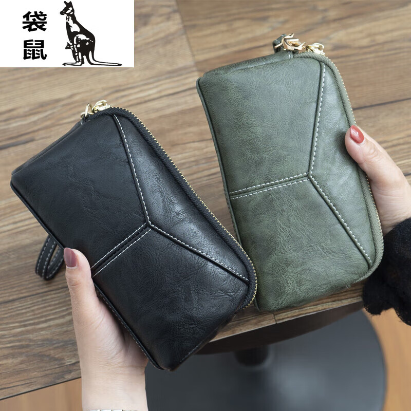 袋鼠新款日韩长款女士女包简约百搭手拿包简约零钱手抓包手机包 黑色