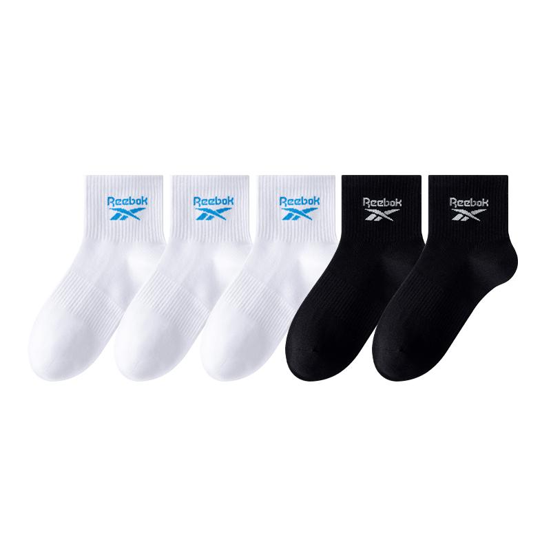 锐步（Reebok）四季男女款运动袜中筒袜透气吸汗防臭休闲运动棉袜 5双装【2黑色+3白色】 均码 （40-46码）男生