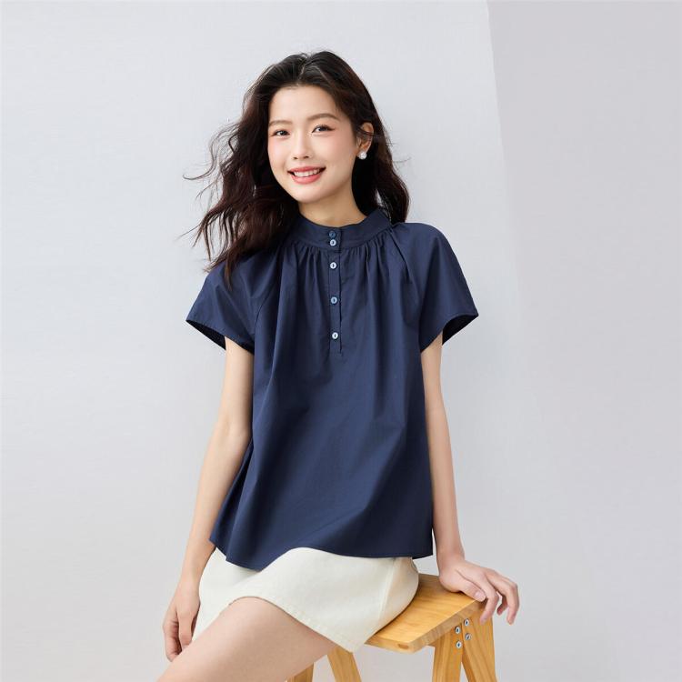 2025年夏季纯棉府绸压褶温柔小立领插肩梭织短袖衬衫女士