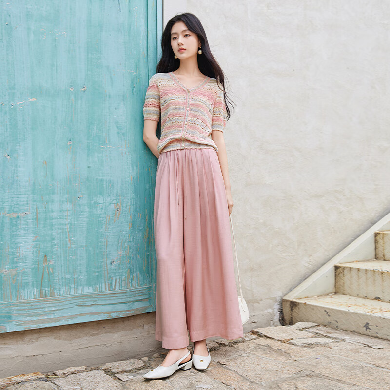 香影彩虹条纹针织衫女2025夏新款t恤镂空多巴胺风v领粉色短袖上衣  上衣  160/84A/95-110斤