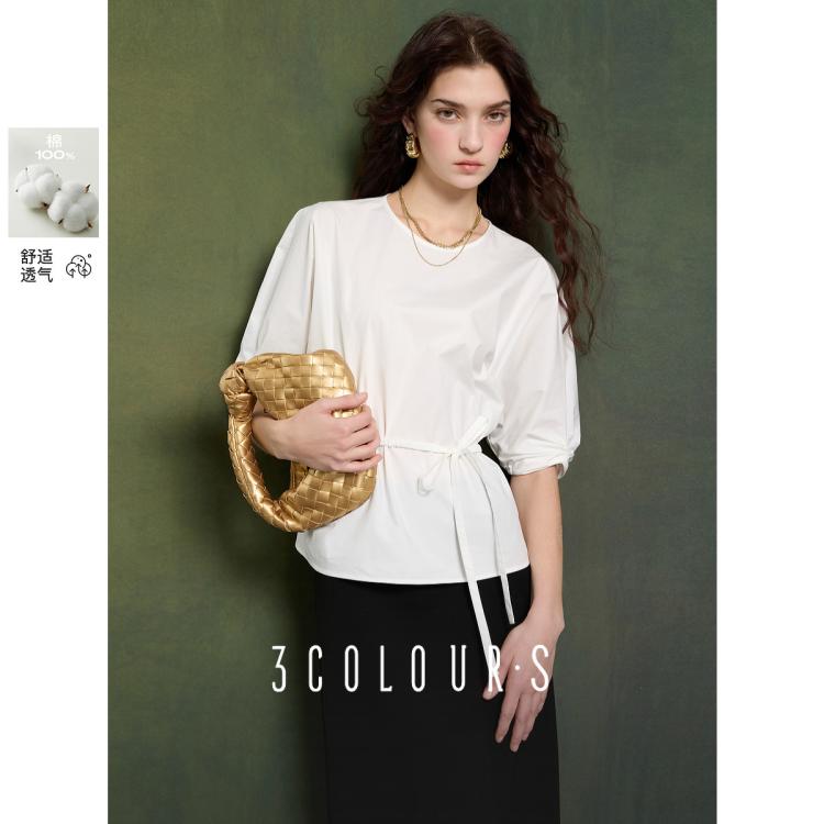 【2025春款】宽松小衫匹马棉白衬衣圆领系带灯笼袖简约上衣S