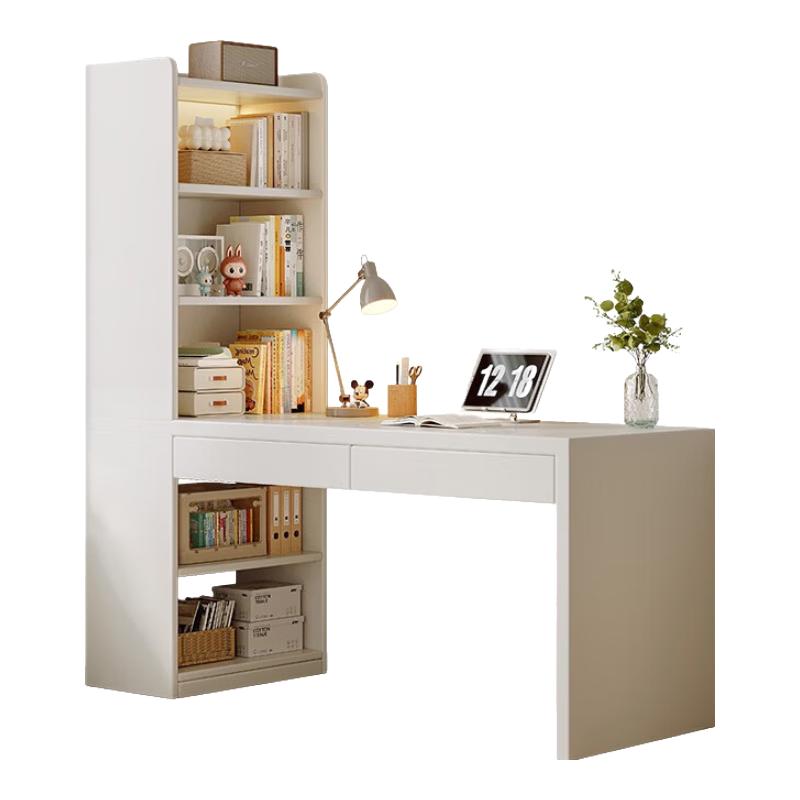 锦需转角书桌书架书柜一体桌子家用写字学习桌卧室实木电脑办公桌 边柜款 象牙白90cm桌+50cm书柜