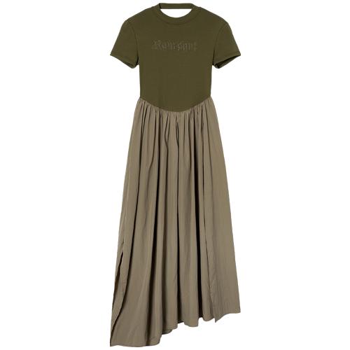 复古休闲连衣裙女夏季异料拼接后背镂空设计不规则长裙