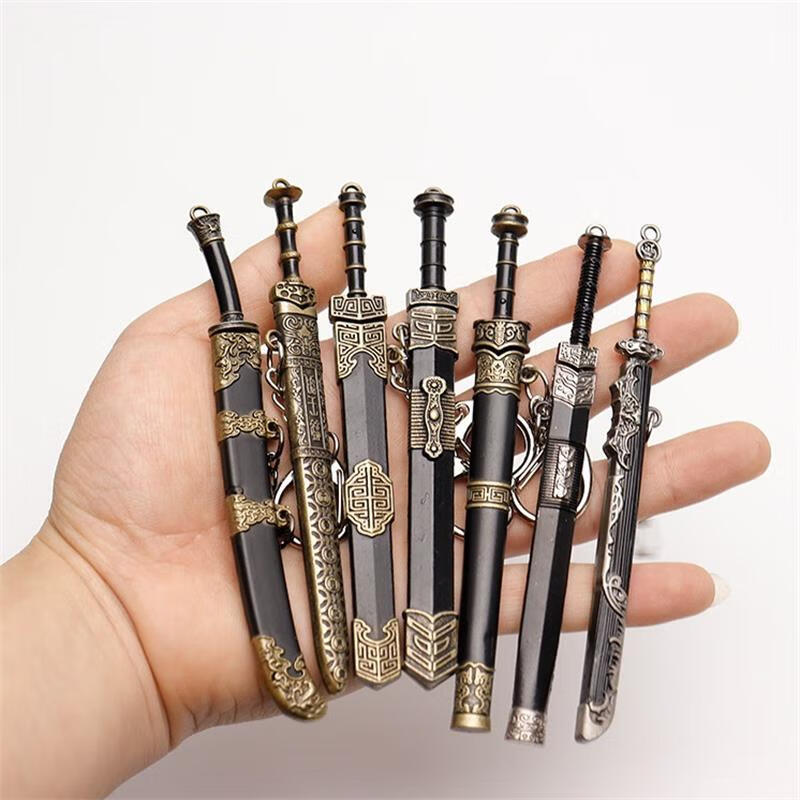 米良品古代迷你宝剑模型摆件合金冷兵器工艺品小型带鞘兵器模型挂件 7件套装