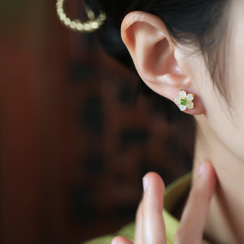 花饰庄园和田玉桃花耳钉女轻奢小众设计精致简约百搭感耳饰耳钉闺蜜潮 D62和田玉桃花耳钉(金色)
