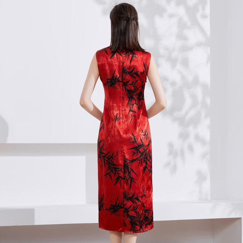 經典故事（JANE STORY）高端立领香云纱连衣裙2024夏季水墨印花国风旗袍裙无袖背心裙 红底水墨 L