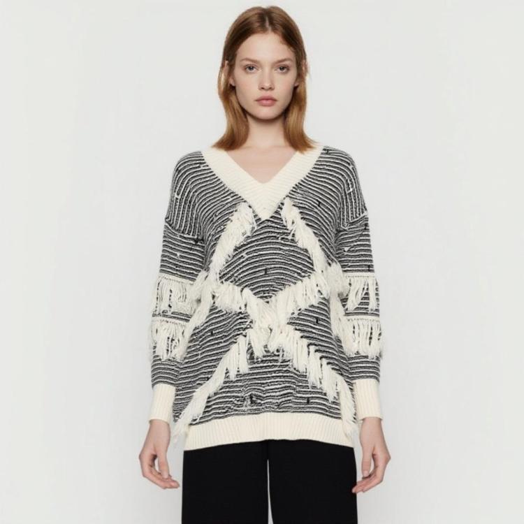 女士宽松V领拼色条纹流苏设计感百搭毛衣