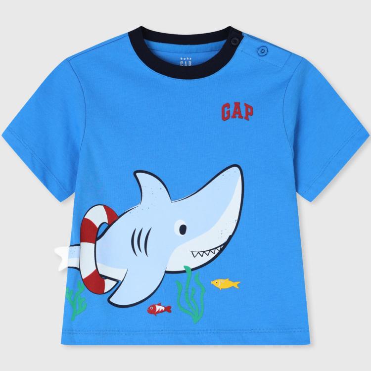 Gap男幼童2024春秋季款纯棉立体鲨鱼印花短袖T恤儿童装上衣465402