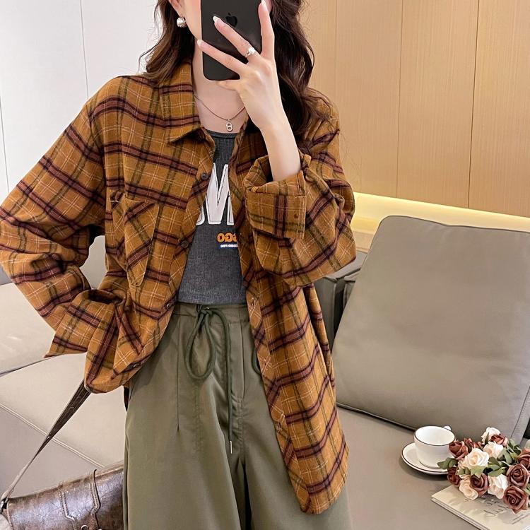 春季女翻领格纹撞色长袖衬衫气质复古百搭高级感