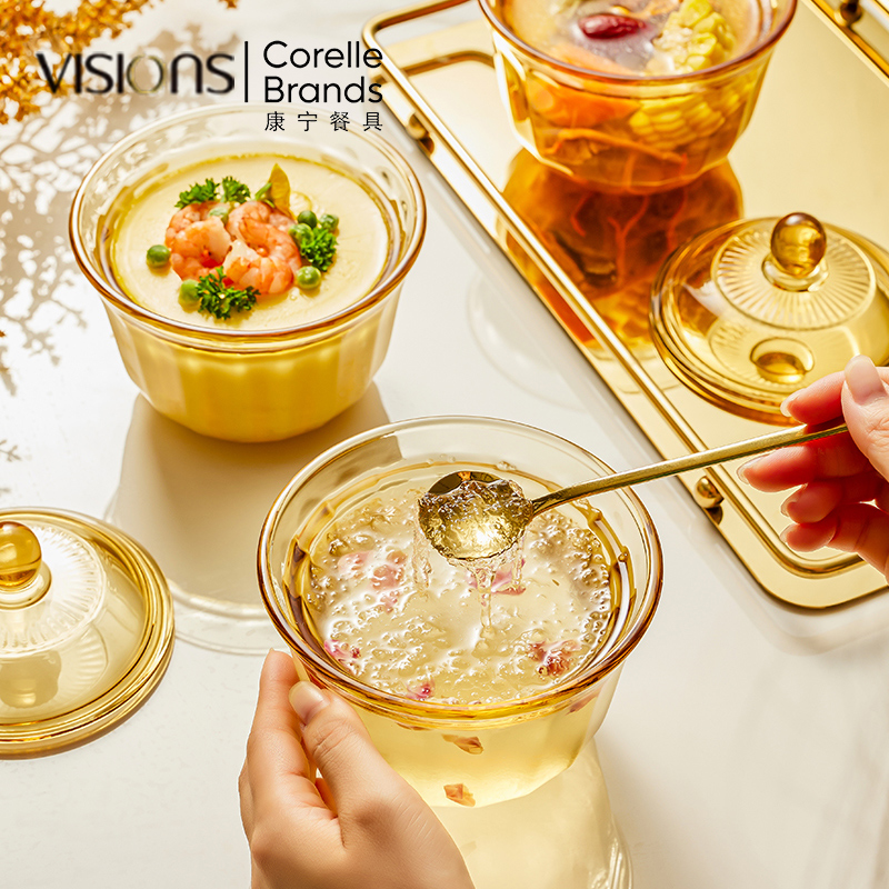 康宁VISIONS玻璃炖盅带盖汤粥碗燕窝甜品碗隔水蒸盅