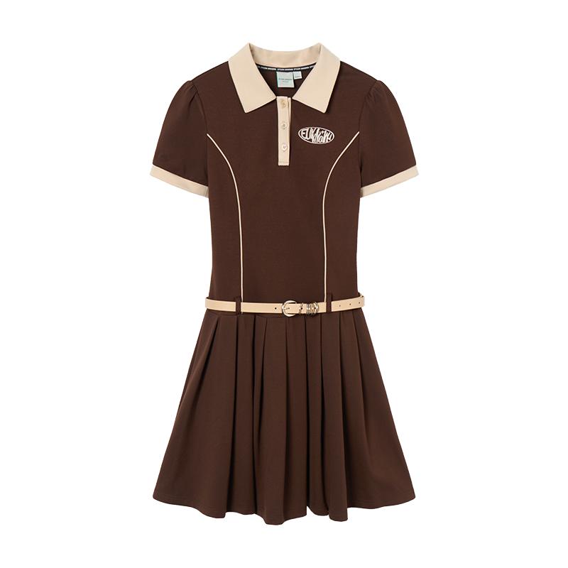 polo连衣裙女夏季复古学院风撞色刺绣修身百褶短裙