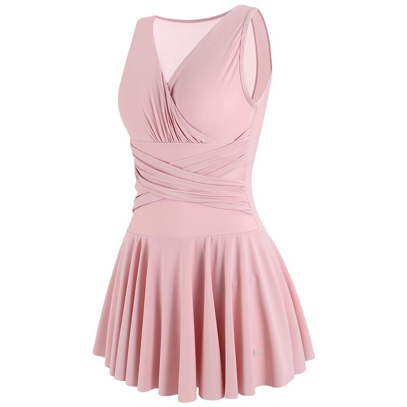 骆驼 CAMEL【性感V领】平角连体泳衣女缠带收腰时髦假两件裙式女士游泳衣