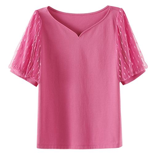 欧莎 【法式宫廷风】蕾丝泡泡袖知性通勤V领黑色女式t恤短袖女夏上衣