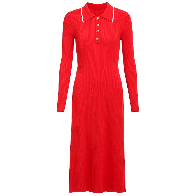 欧时力 春装 撞色坑条显瘦小香风polo领针织连衣裙