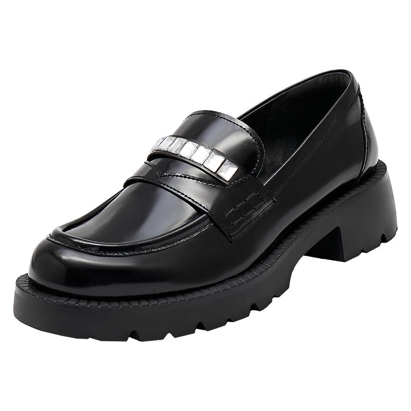 春季甜酷水钻乐福鞋英伦风一脚蹬小皮鞋黑色单鞋