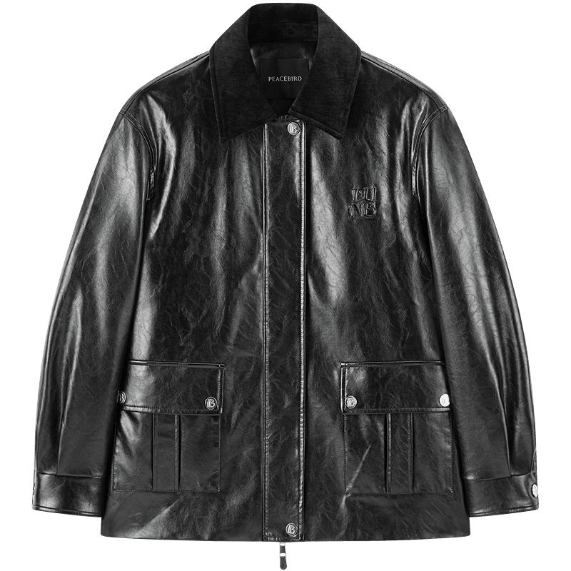 【油蜡纹PU夹克外套】冬油蜡纹PU皮衣夹克黑色时尚皮衣女