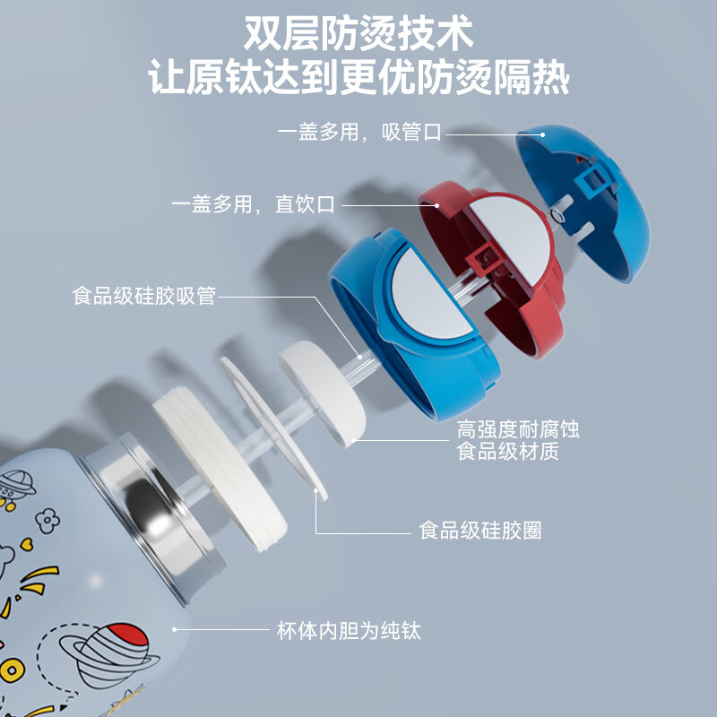 宫菱儿童纯钛保温杯便携户外大容量双饮口直饮杯学生上学专用
