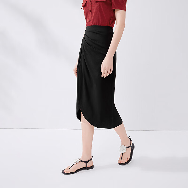 秋水伊人不规则褶皱半身裙夏季新款优雅通勤高腰中长裙