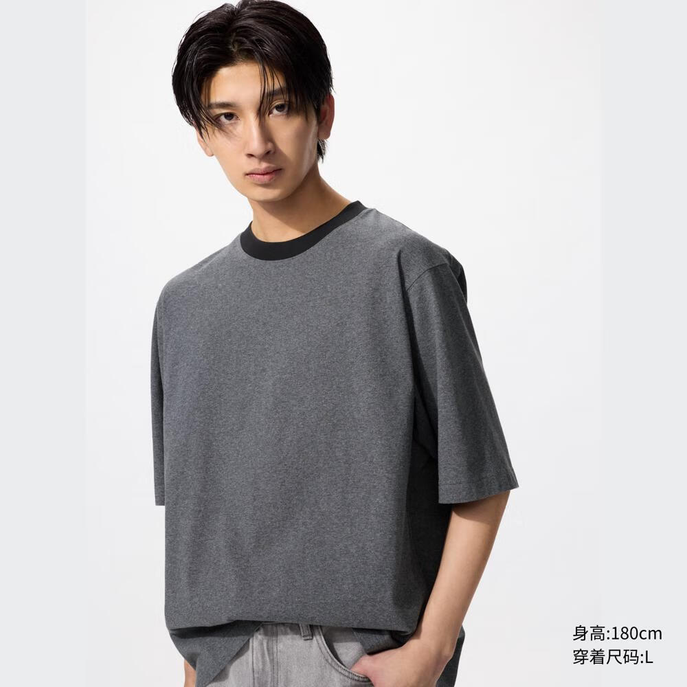 优衣库男装/男女同款宽松撞色T恤5分袖短袖T恤撞色休闲476430 476430/09黑色 L /175/100A