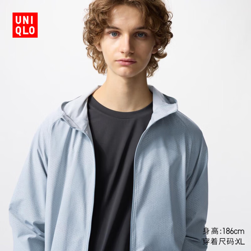 优衣库男装/男女同款DRY-EX速干高弹力防紫外线印花连帽开衫476146 03 灰色 S /165/84A