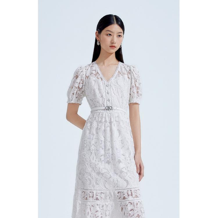 欧时力 夏装V领气质超仙水溶蕾丝温柔风连衣裙女