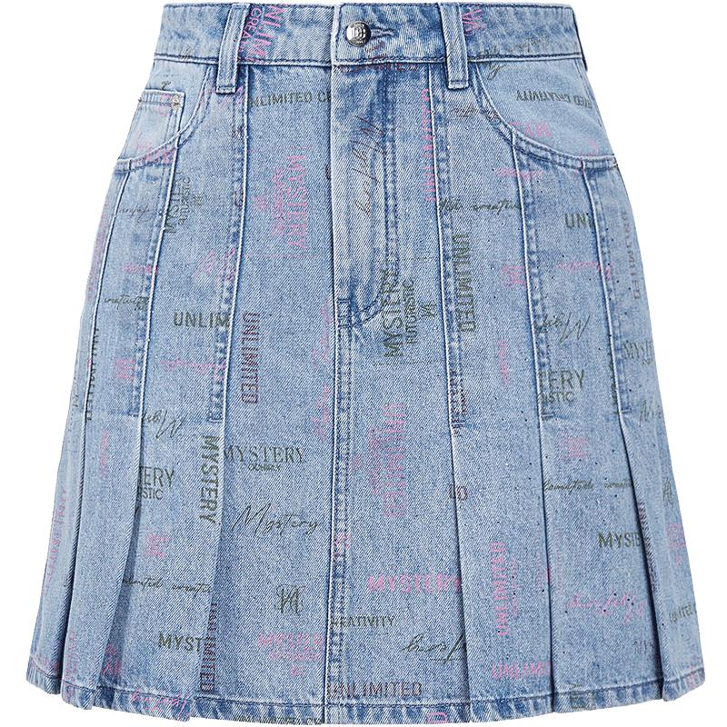 欧时力 秋装 印花a字褶裙短裙学院风牛仔半身裙