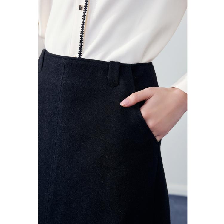 秋水伊人 【早春系列】复古黑色开叉半身裙时尚简约中长包臀裙