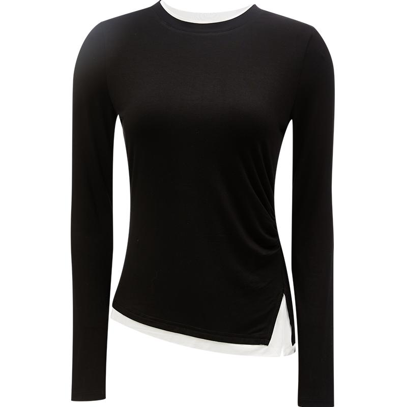 【修身收腰版型】春秋T恤女拼接假两件抽褶长袖上衣美拉德