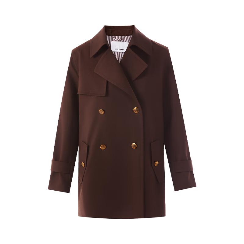 朗姿复古翻领双排扣风衣夹克通勤气质高级感外套女2025年秋季 红棕色 S