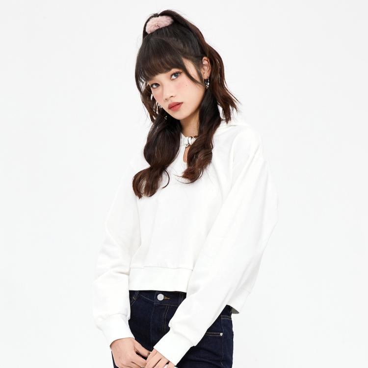 美特斯邦威 春秋休闲百搭女镂空设计针织套头衫连帽女式卫衣