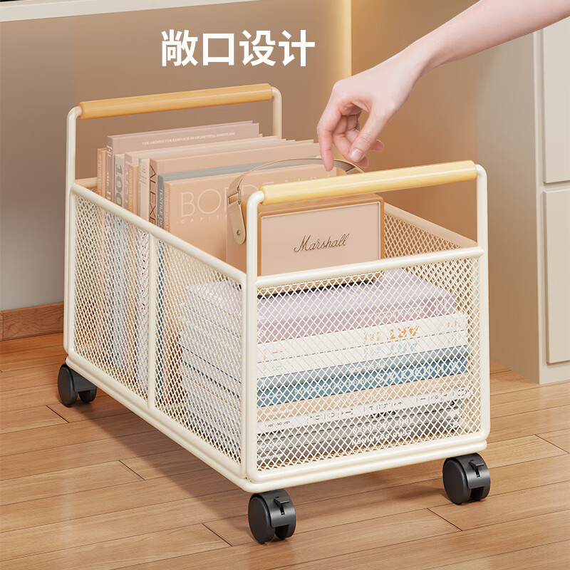 林家小子工位放包神器书包收纳篮小推车书本放置筐可移动书箱桌下置物架盒 白色大号-带轮