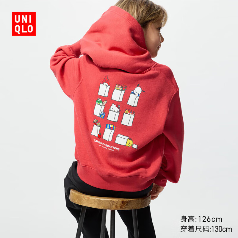 优衣库童装女童UT Sanrio连帽卫衣长袖三丽鸥运动衫481421 15 珊瑚红色 160