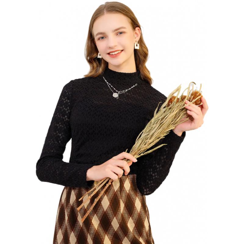 lagogo镂空蕾丝半高领直筒长袖T恤女拉谷谷冬季新款文艺纯色上衣 (W1)  155/36