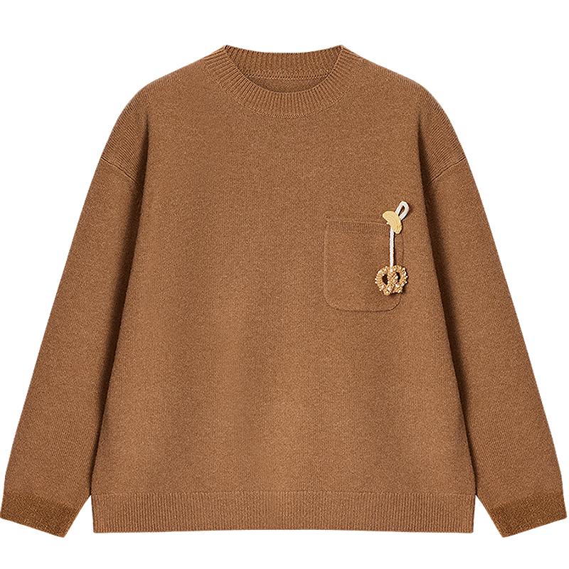 鄂尔多斯1980【甜品针织系列】羊毛羊绒钉珠女圆领针织衫25秋冬 焦糖 S 160/80A