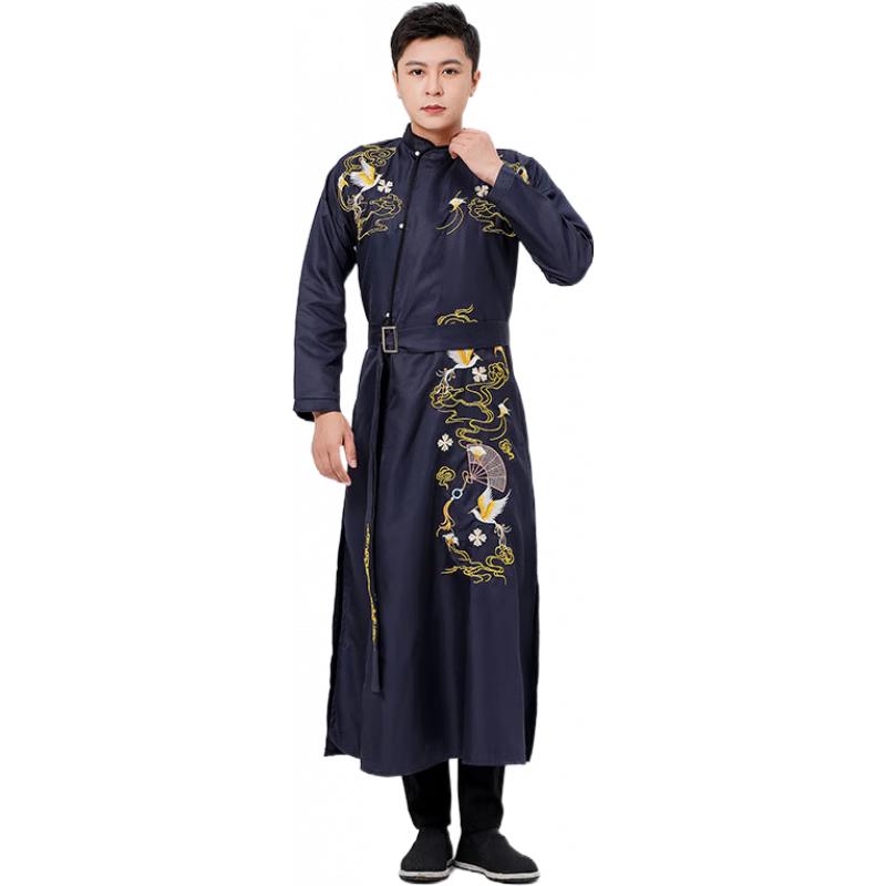 皮尔卡丹（pierre cardin）新款男女婚礼汉服新郎伴郎装中式礼服长衫大褂圆领袍相声服国学服 黑色 M 身高170体重130左右