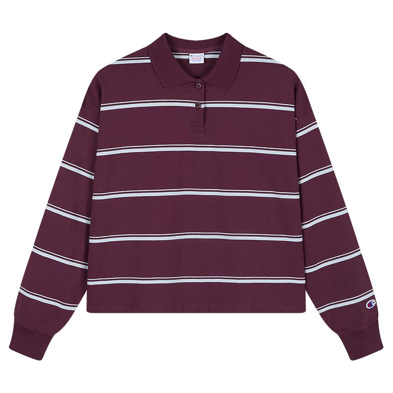 Champion冠军Polo衫女2025秋季翻领条纹经典简约长袖衬衫潮牌 紫色条纹 L