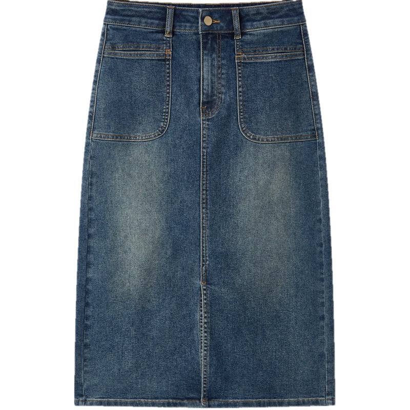 森马（Semir）森柔牛仔|牛仔半身裙女开叉长裙显腿长秋盐系直筒裙103524120003