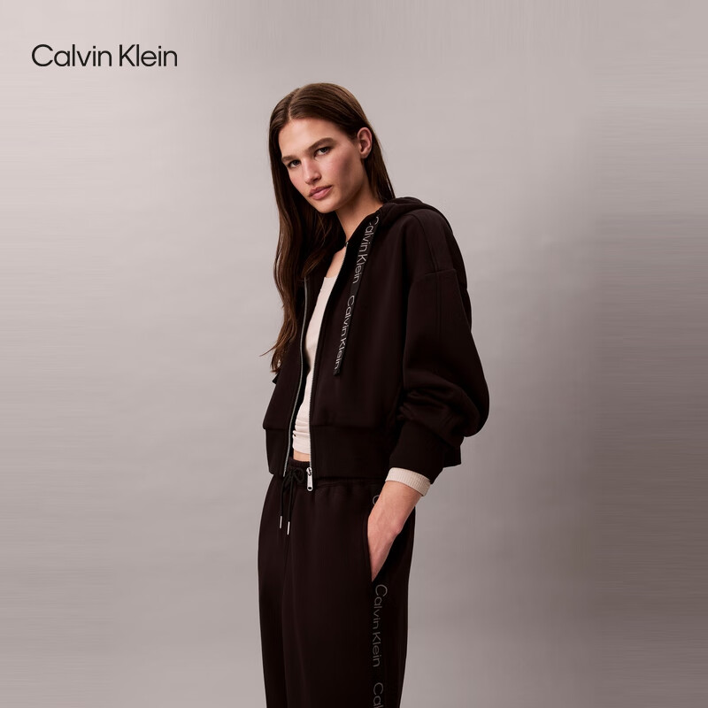 Calvin KleinJeans25秋季新款女士ck宽松抓绒提花织带连帽开衫卫衣47D284G UB1-太空黑