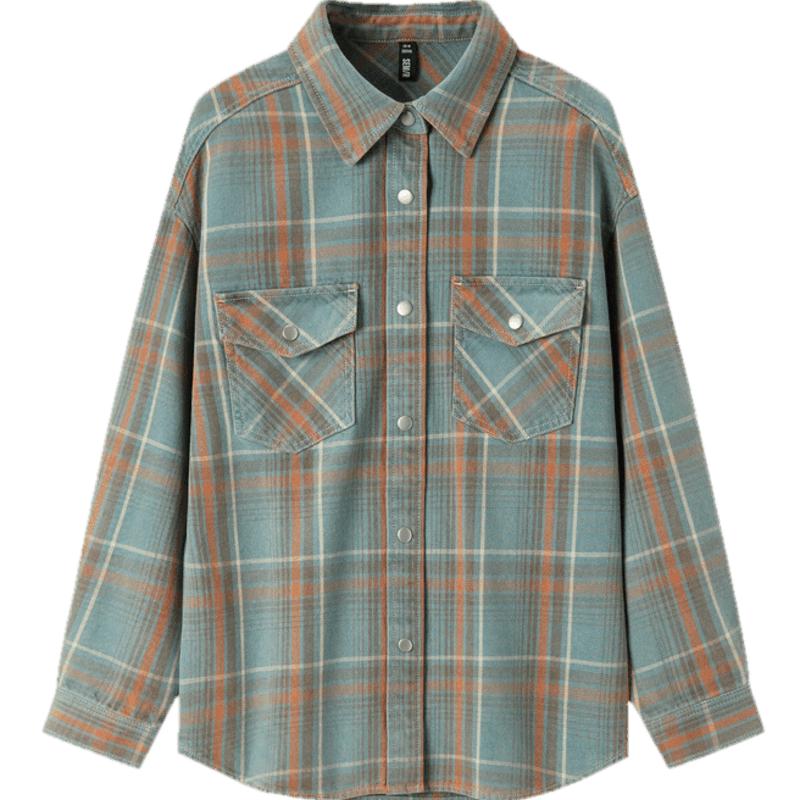 森柔牛仔|森马牛仔衬衫女中长款纯棉复古秋oversize长袖衬衣街头