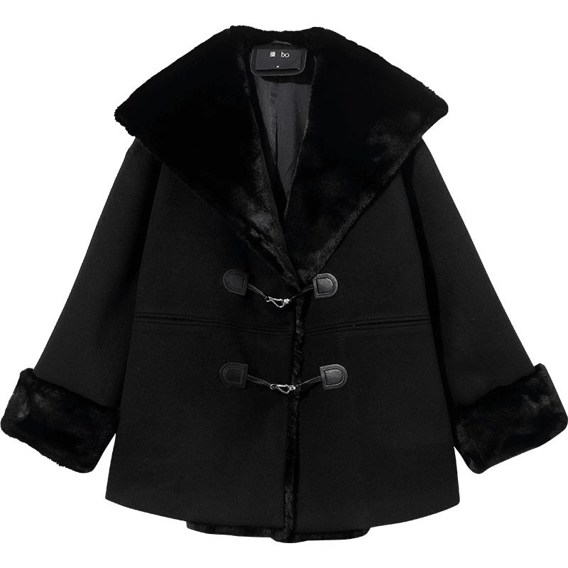 播黑标系列羊毛大衣女冬短款机车羊羔毛外套BDQ4AD0644