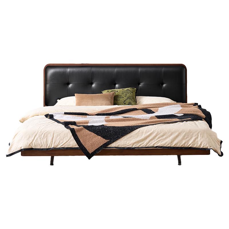 原始原素实木床黑胡桃木轻奢双人床悬浮真皮软包床B款拉点软包1.8米M101P 黑胡桃木-真皮拉点软包床