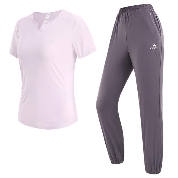 CAMEL骆驼 【短袖两件套】吸湿速干运动服套装女t恤长裤透气跑步瑜伽服套装